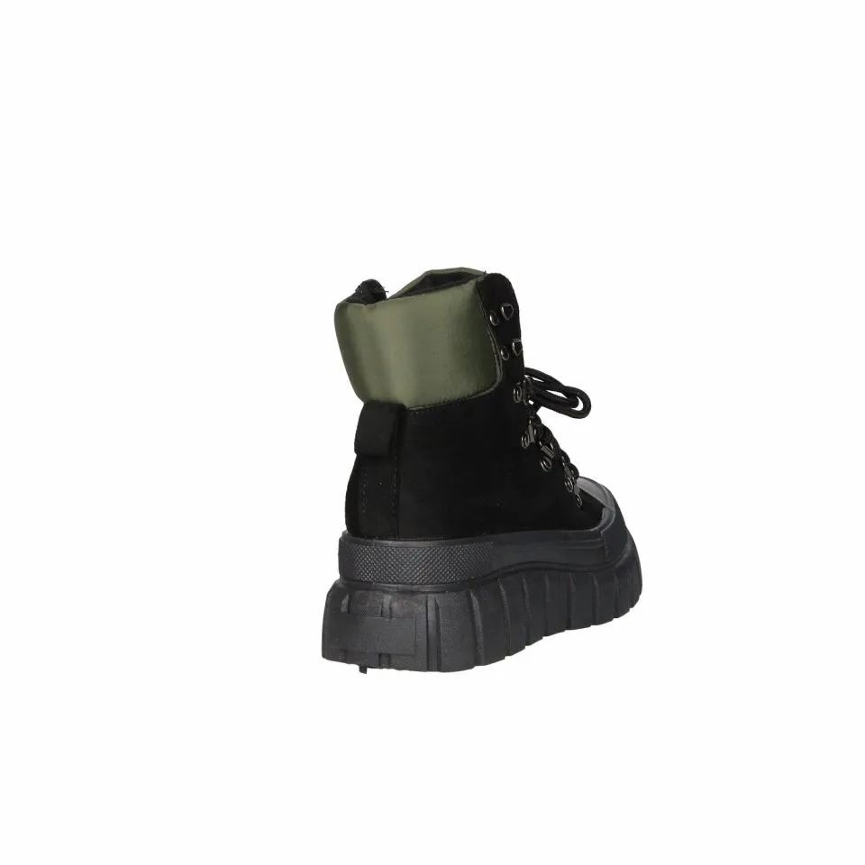 Botin Cordon Ante Sintetico Negro LengÜeta y Cuello Kaki Piso Grueso