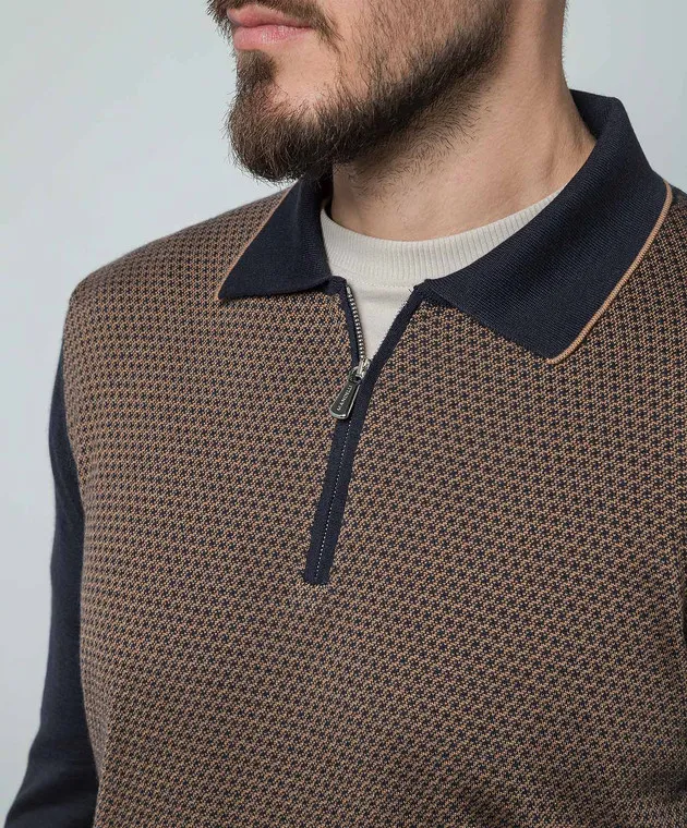 Enrico Mandelli Blue patterned cashmere and silk polo shirt
