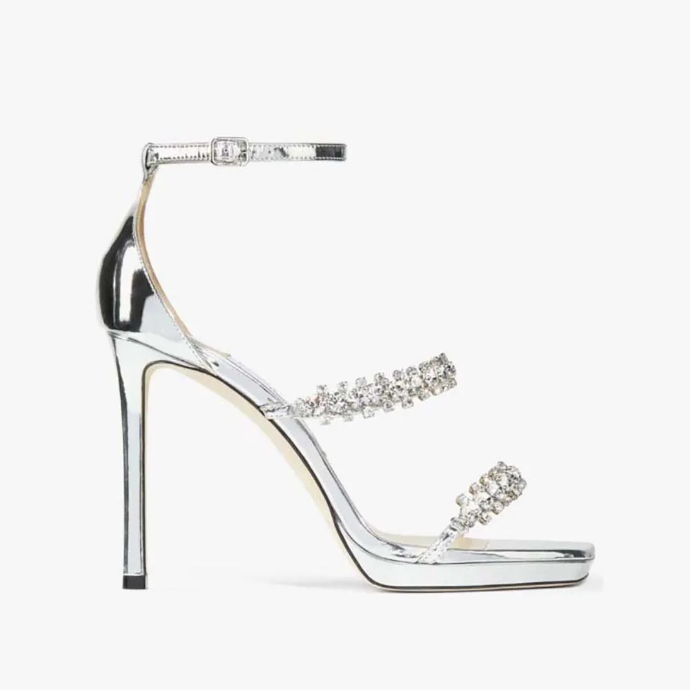 Jimmy Choo Mujer Bing Sandal 105 Sandalias de metal líquido plateado con tiras de cristal