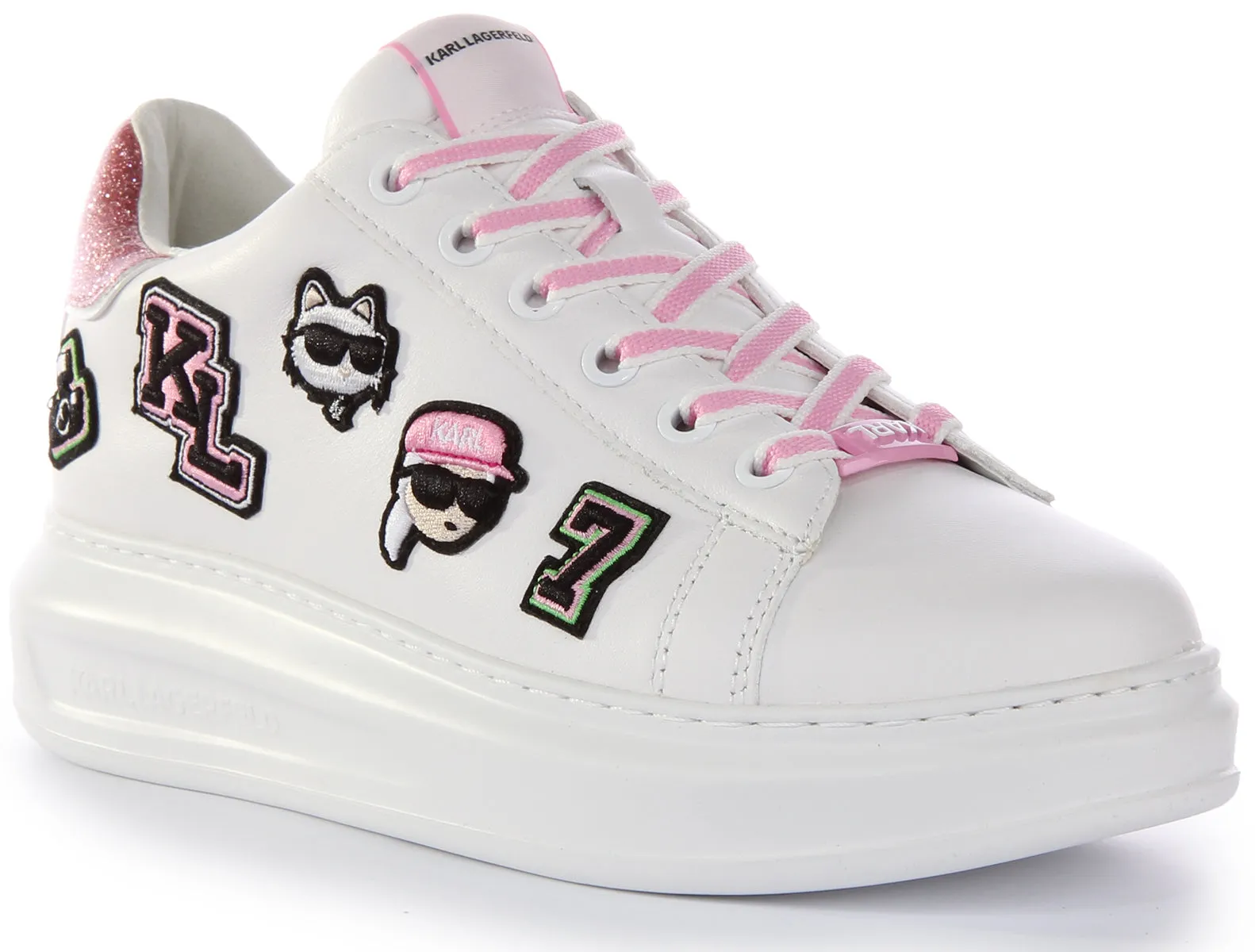 Karl Lagerfeld Cons Wedge Heel Ikonik Detail Zapatillas de Cuero para Mujer en Blanco y Rosa