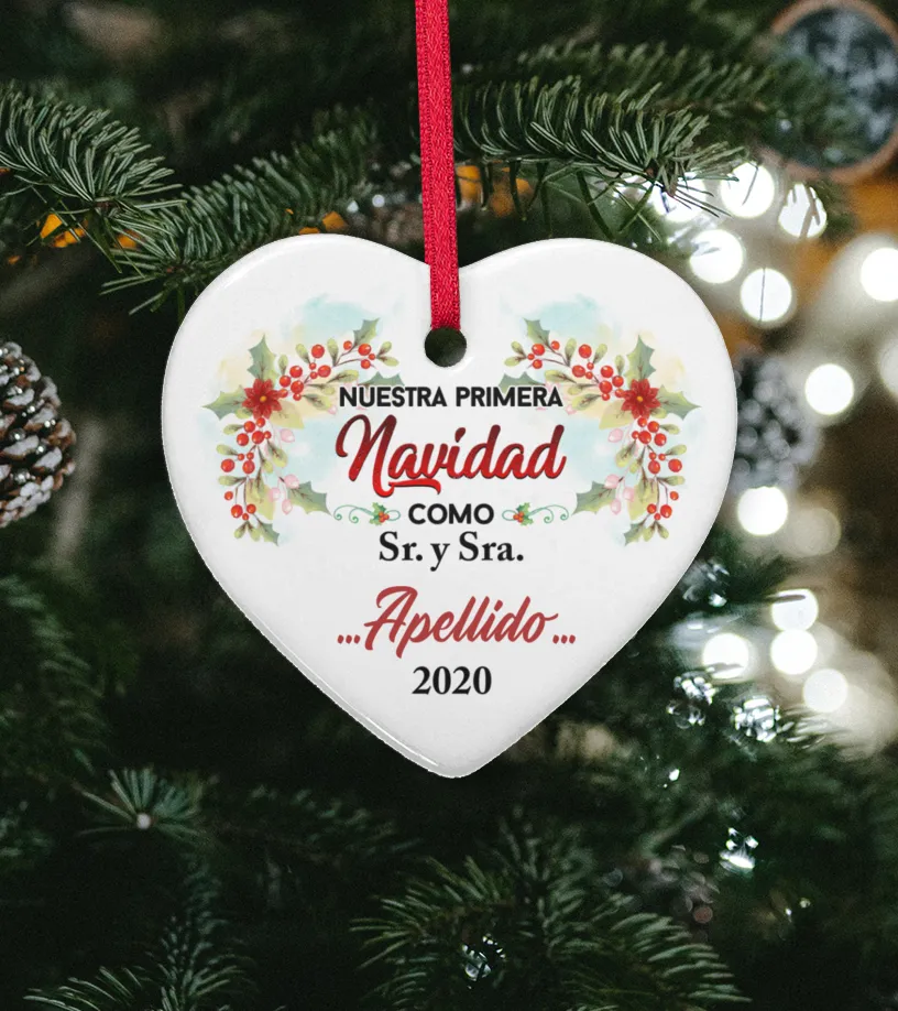 Nuestra primera navidad como Sr. y Sra. Apellido 2020 Adorno en forma de corazón