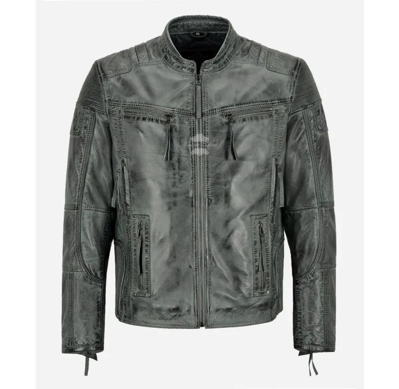 RACER Grey Vintage Men's Biker Leather Jacket Classic Moto Fashion Leather Jacket