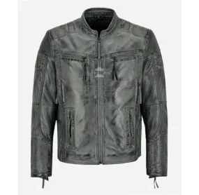 RACER Grey Vintage Men's Biker Leather Jacket Classic Moto Fashion Leather Jacket