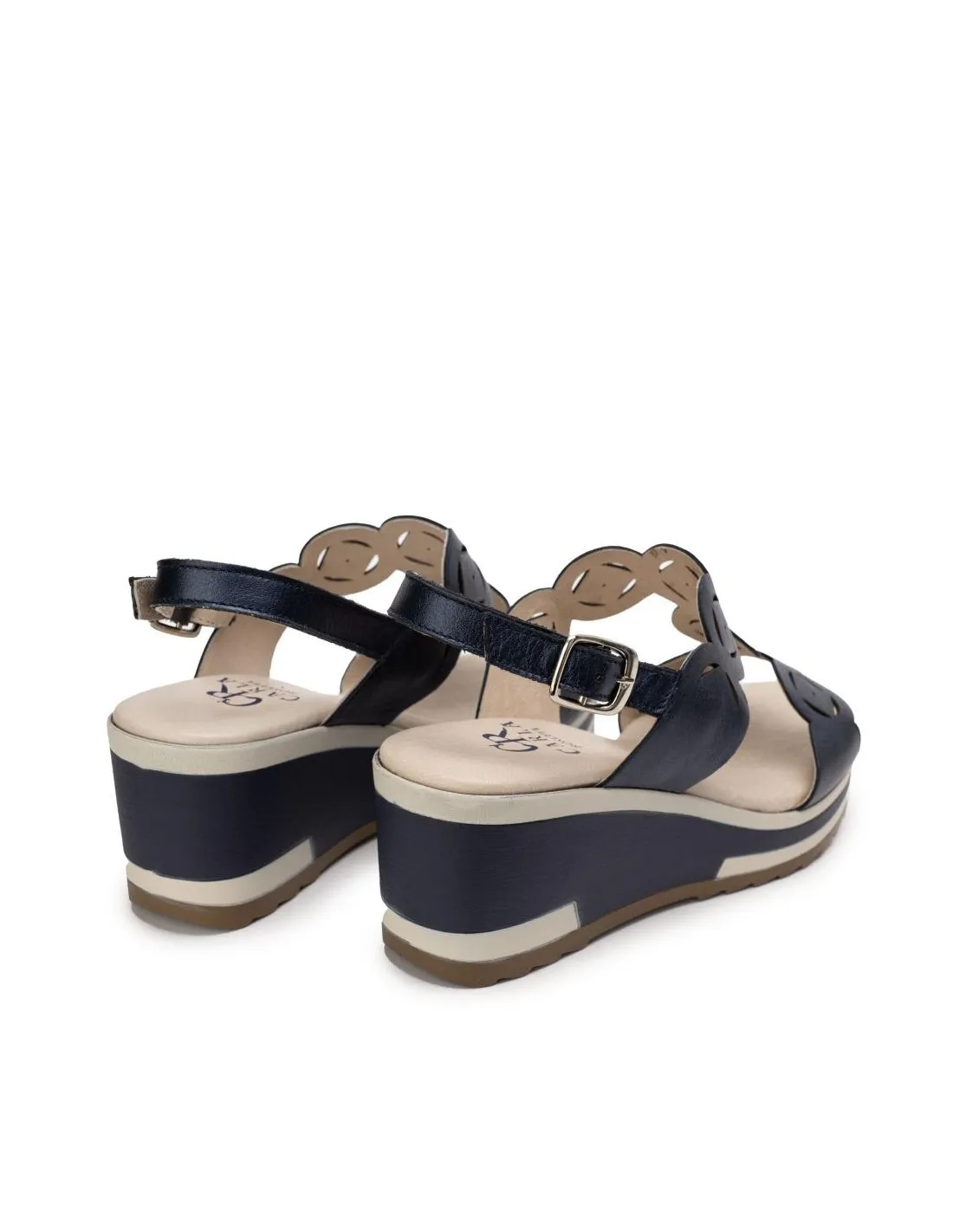 Sandalias Cuña Azul Marino Piel Troquelada