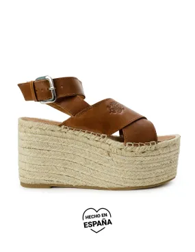 Sandalias Plataforma Esparto Piel Marrón