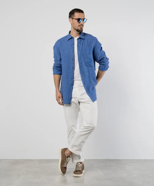 Stefano Ricci Blue linen shirt with logo embroidery