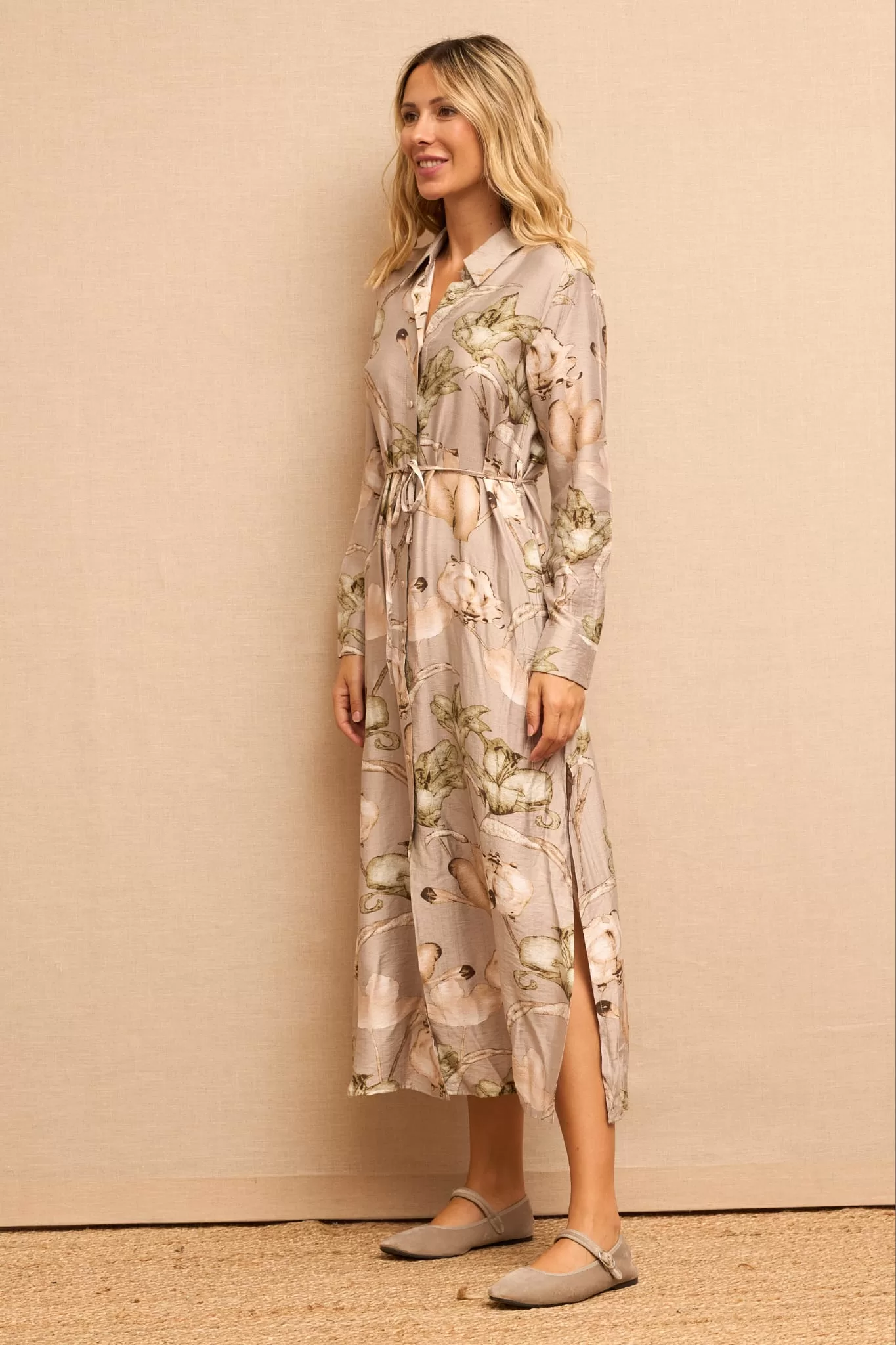 VESTIDO MIDI GRIS ESTAMPADO MANGA LARGA